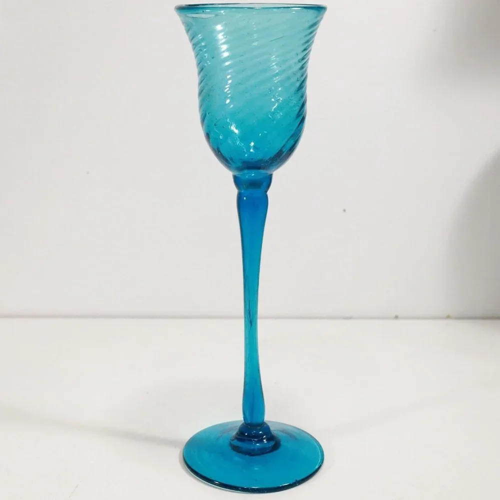 1950s Mexican Avalos Teal Blue Bubble Glass Stemware Goblet 12.5